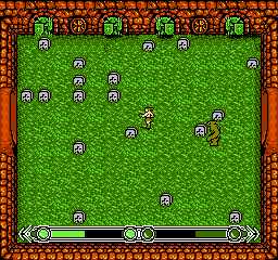 Archon: a wizard-like fighter circles among gravestones in a green arena while a large brown creature lumbers toward it, with energy bars at the bottom