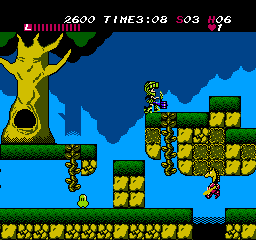 Athena: a warrior with a green helmet jumps across a forest ledge beside a giant yellow tree trunk, with a score and timer at the top