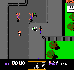 Back to the Future: a top-down street where Marty skates past two people and a rolling barrel, with the score and clock at the bottom