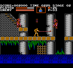 Castlevania: Simon Belmont whips a red skeleton on a stone ledge in stage 2 over dark water