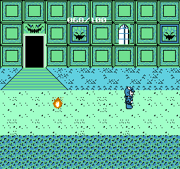 Deadly Towers: the prince stands before a green castle with a monster face above the open doorway and a flame beside him