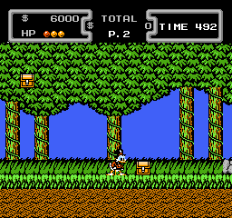 DuckTales: Scrooge McDuck stands in a jungle clearing under thick green trees with two treasure chests, with money, health and time at the top