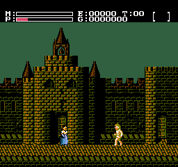 Faxanadu: the hero walks toward a robed villager in front of a stone castle gate, with the magic, power, experience and gold meters at the top