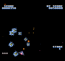 Gyruss: a lone ship in open space faces a cluster of blue and white enemy ships, with the score and stage number at the top