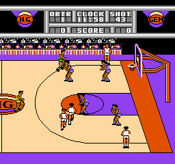 Harlem Globetrotters: a basketball court seen from the side with players in white and green near the hoop and a scoreboard above