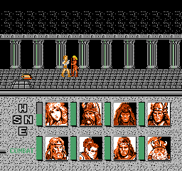 Advanced Dungeons & Dragons: Heroes of the Lance: two heroes walk along a stone hall of pillars, above a menu panel with a compass and eight character portraits
