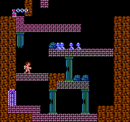 Kid Icarus: Pit stands on a pink brick platform in an underworld fortress while blue snakes slither nearby