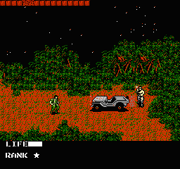 Metal Gear: Snake stands in a jungle clearing near a jeep with an enemy soldier nearby, with a life bar and rank star at the bottom