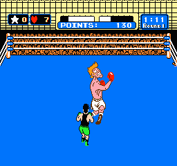 Mike Tyson's Punch-Out: Little Mac faces a boxer in the ring with the points counter reading 130 in round 1