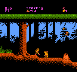 Peter Pan and the Pirates: Peter and a pirate walk through a jungle clearing toward a campfire, with the score and lives at the top