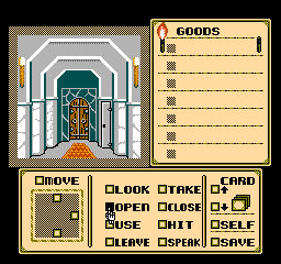 Shadowgate: a first-person view of a white stone hallway with a wooden door, beside the goods list and the verb menu with Look, Open, Use and Speak