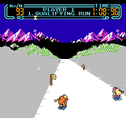 Slalom: a skier on the qualifying run heads down a gray slope past orange flags toward the mountains