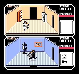 Spy vs. Spy: the split screen shows the white spy in an orange room above and the black spy in a blue room below, with timers and power meters