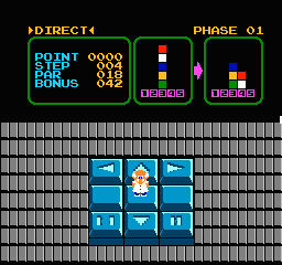 Stack-Up: the Direct mode screen shows a stack of colored discs to copy and a little pilot standing on an on-screen controller pad
