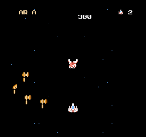 Star Force: a lone ship in open space faces a small formation of bronze enemies, with the score at the top