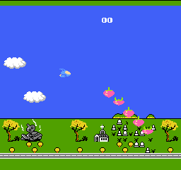 Stinger: the ship flies over a green field with a church, bells and strawberries drifting through the sky