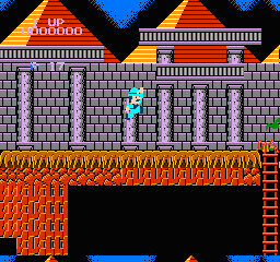 Super Pitfall: the explorer climbs between stone columns in front of pyramids, with a ladder at the right edge and a pit below