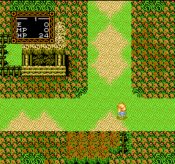 Willow: Willow walks a grassy path through a forest, with the experience and magic readout at the upper left