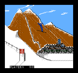 Winter Games: a skier flies off the jump above a snowy brown mountain with a red gate and the Player 1 score below