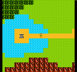 Zelda II: Link walks across a narrow bridge on the overworld map, with a palace on a small island and mountains below